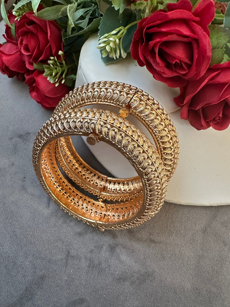 Traditional Gold Color Openable Madrassi Bangles – 3 Ornate Designs
