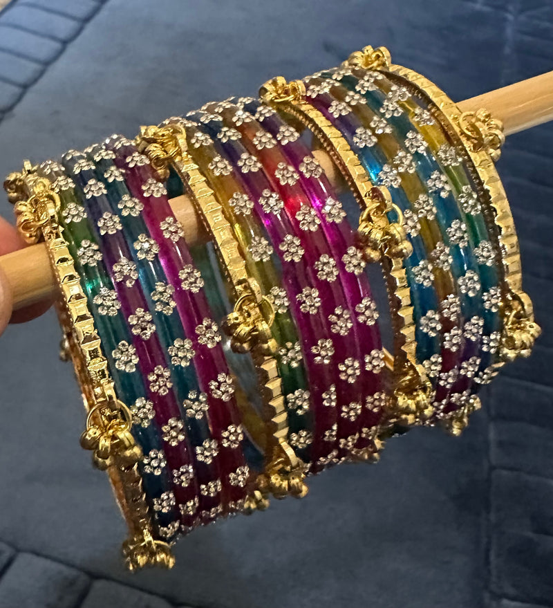 Multicolor Kashmiri Metal & Glass Bangle Set – 16 Piece Bridal Bangles