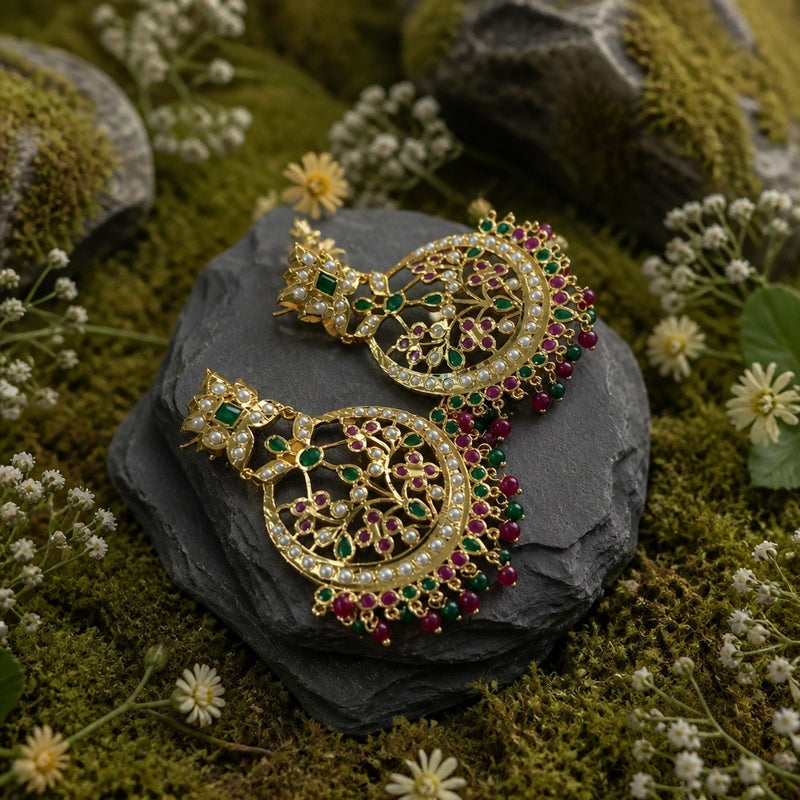 Gold Plated Large Heritage Earrings | Handmade Pearl & Stone Chandbali Earrings