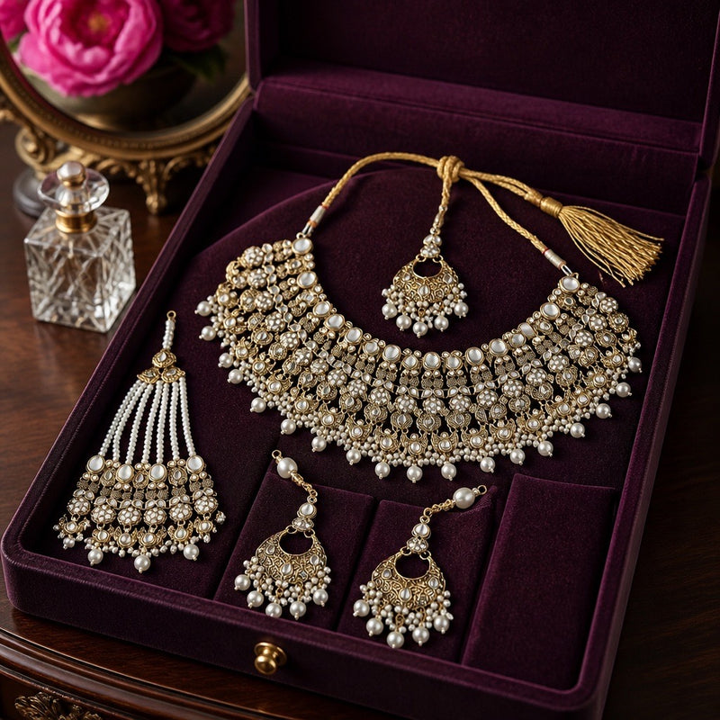 Antique Gold Bridal Necklace Set with Jhumar, Tikka & Earrings