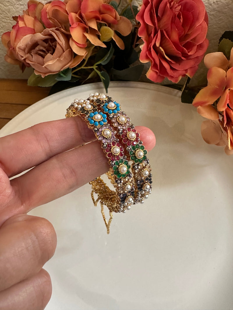 Multicolor Floral Kundan Bangles with Pearl Center – Set of 2