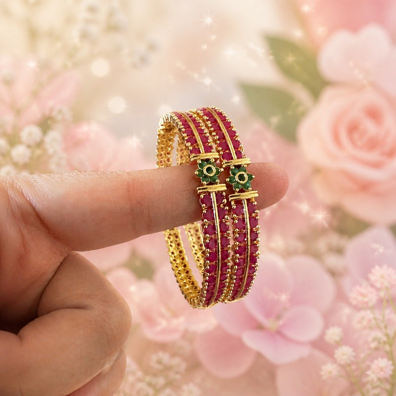 Ruby Red & Green Floral Gold-Plated Bangles – Size 2.8