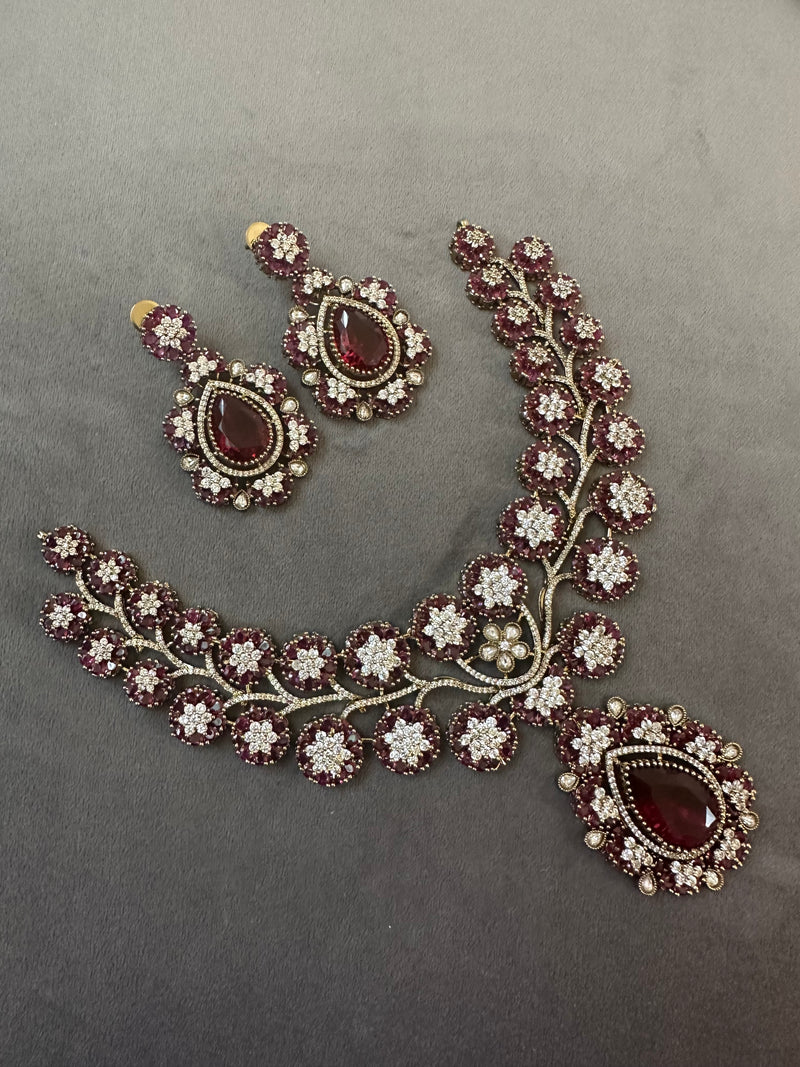Ruby Red Floral American Diamond Statement Necklace Set with Earrings