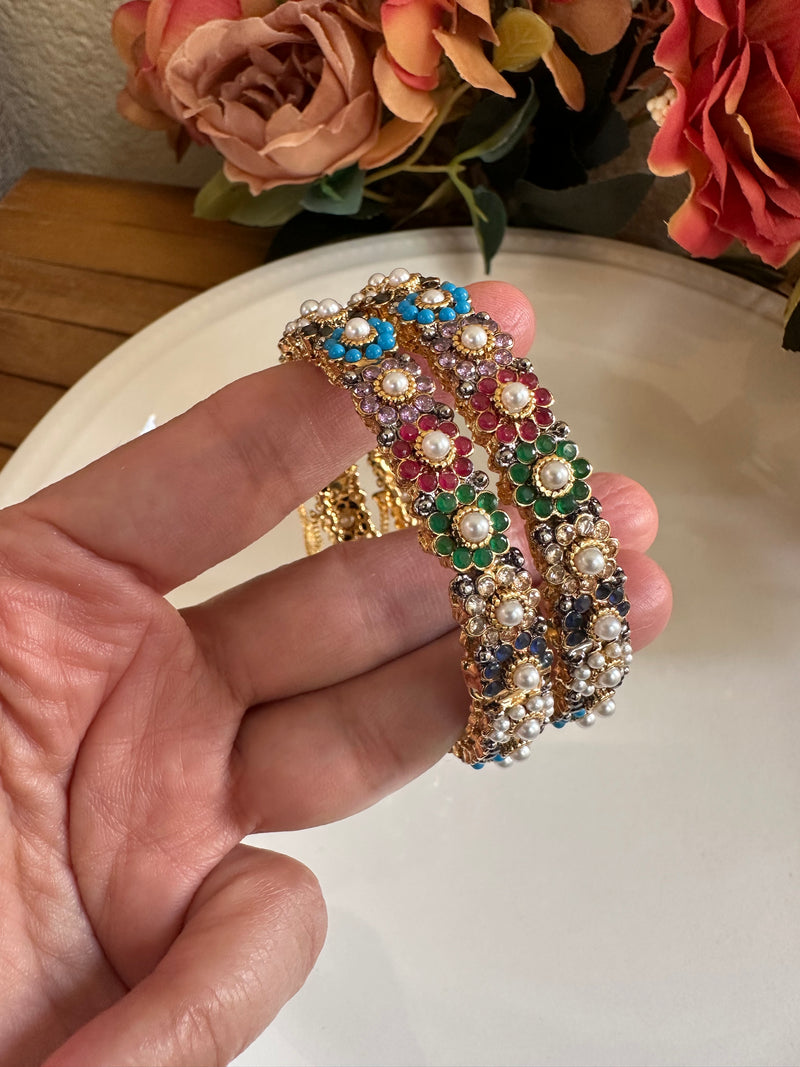 Multicolor Floral Kundan Bangles with Pearl Center – Set of 2
