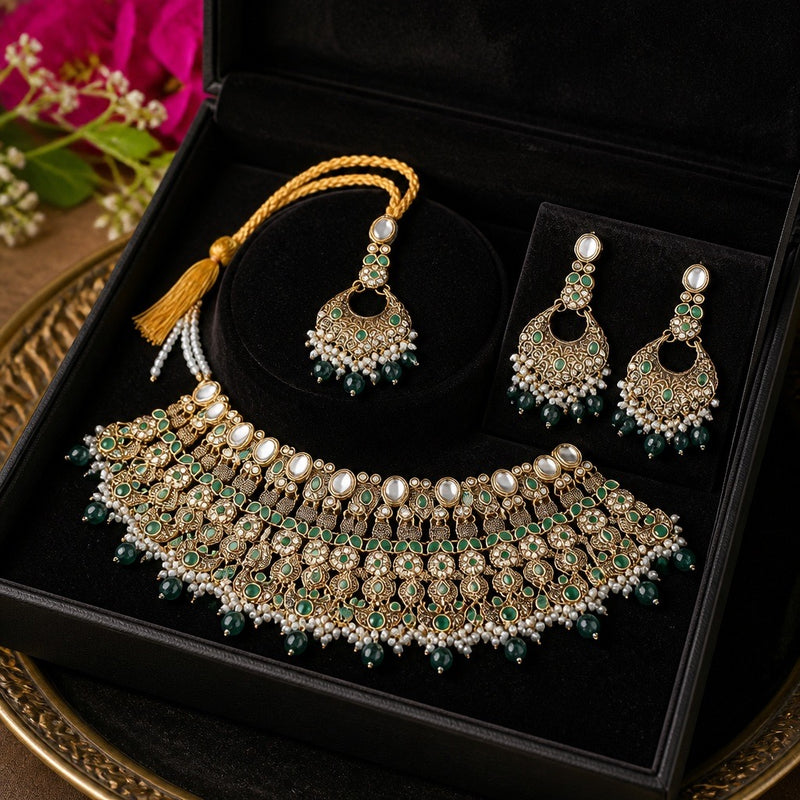 Antique Gold Bridal Necklace Set with Jhumar, Tikka & Earrings
