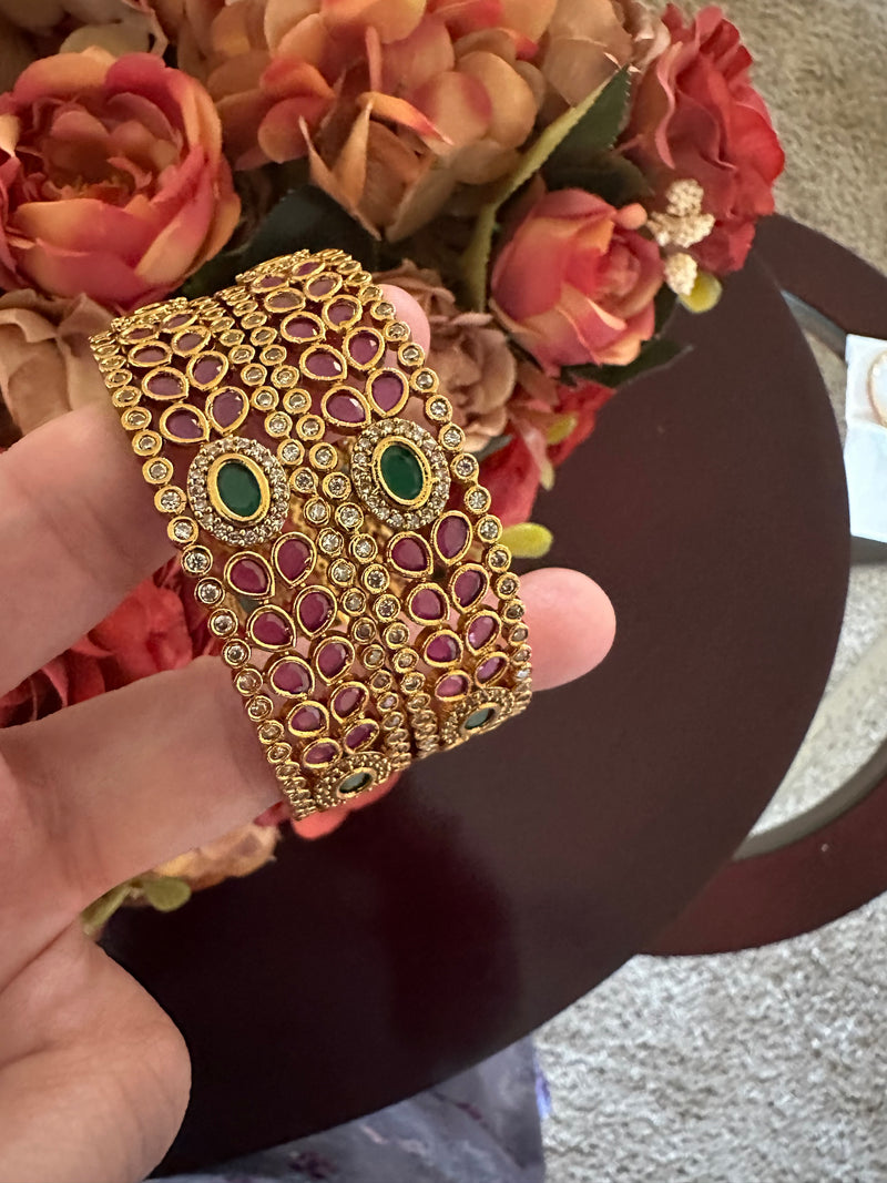 Traditional Gold-Plated Ruby & Emerald American Diamond Bangles | Sizes 2.4 & 2.6