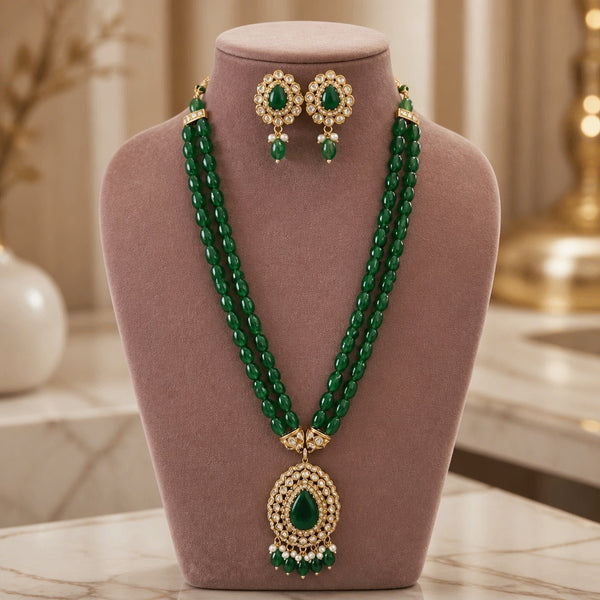 Emerald green double strand mala necklace set with matching earrings