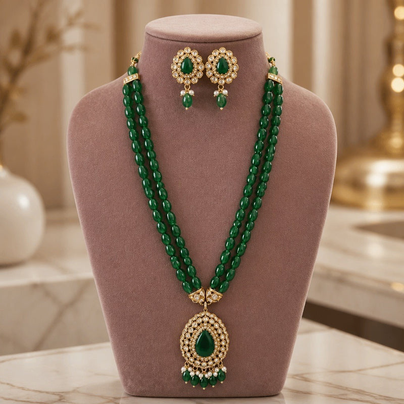Emerald green double strand mala necklace set with matching earrings