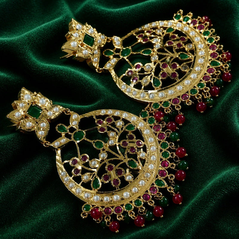 Gold Plated Large Heritage Earrings | Handmade Pearl & Stone Chandbali Earrings