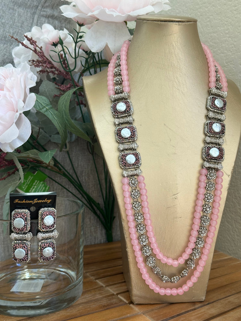 Handcrafted Long Mala Necklace & Earrings Set – Tarkish Style Pakistani Indian Beaded Jewelry | Available in Multiple Colors