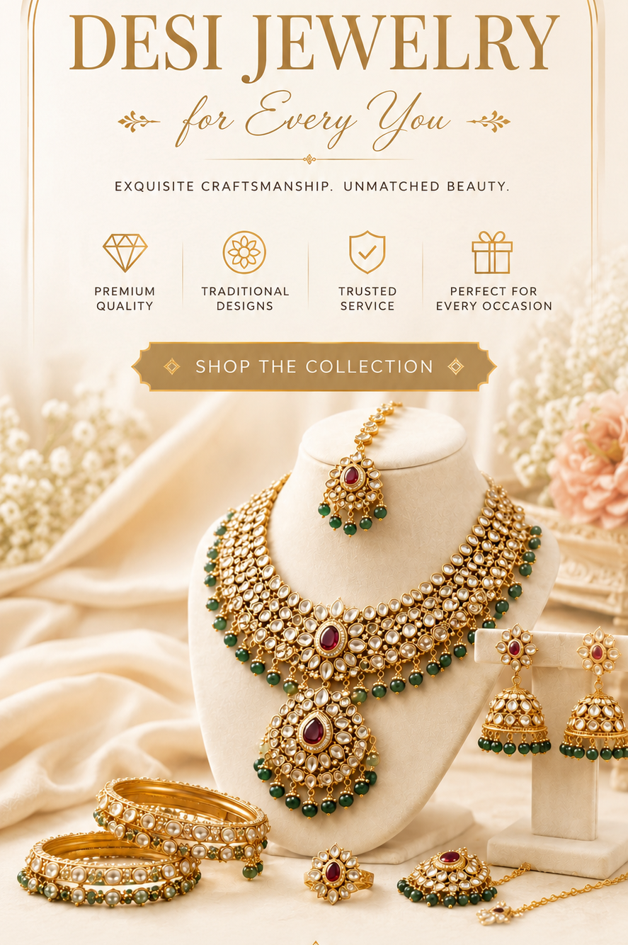 Desi jewelry set on a mannequin with text about timeless tradition and modern elegance.