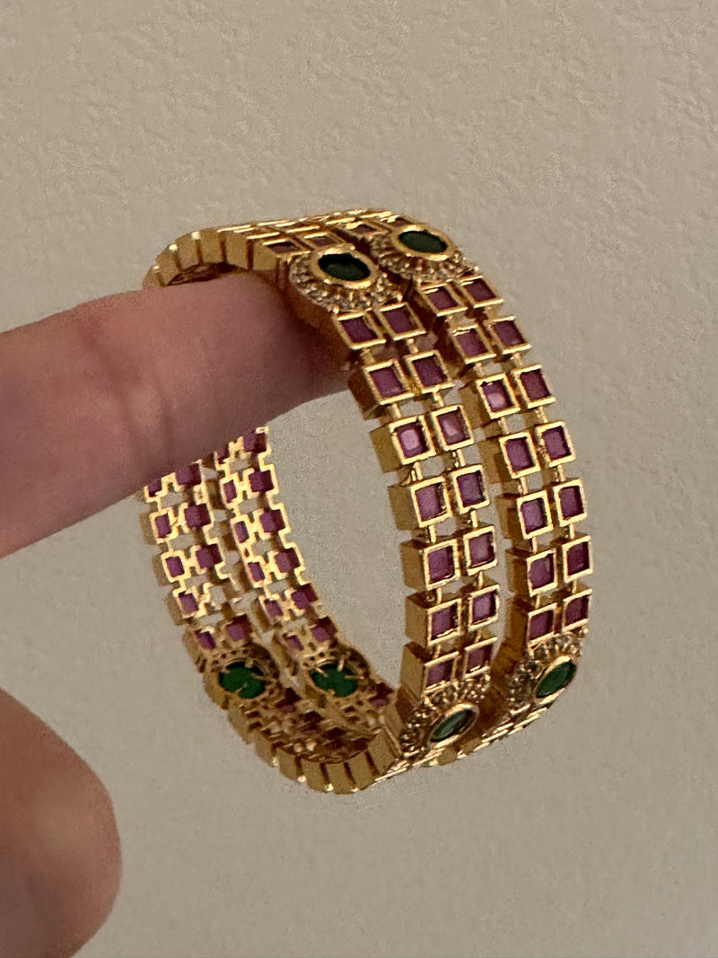 Ruby Red & Emerald Green Gold-Plated Statement Bangles – Size 2.6