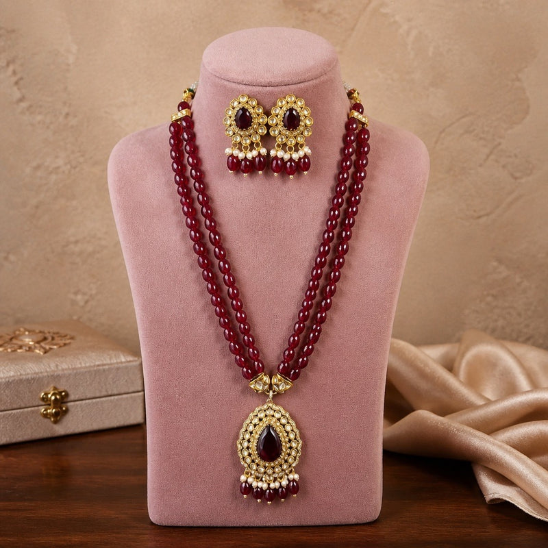 Red double strand mala necklace set with matching earrings