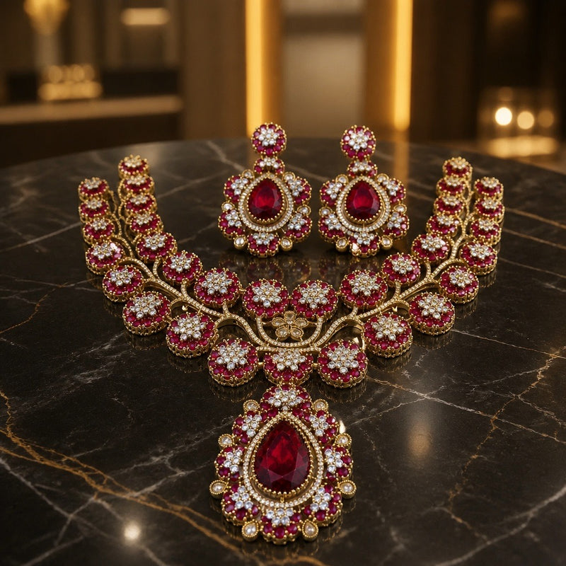 Ruby Red Floral American Diamond Statement Necklace Set with Earrings