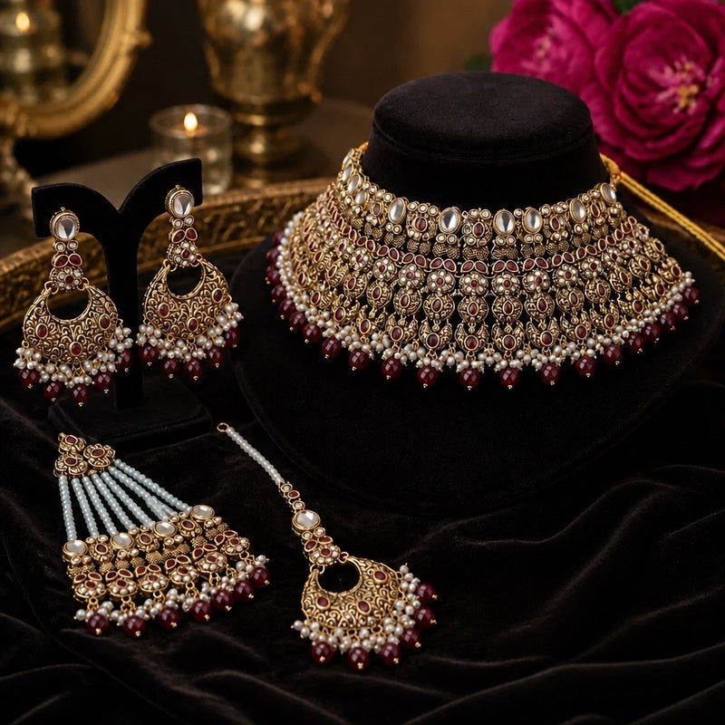 Antique Gold Bridal Necklace Set with Jhumar, Tikka & Earrings