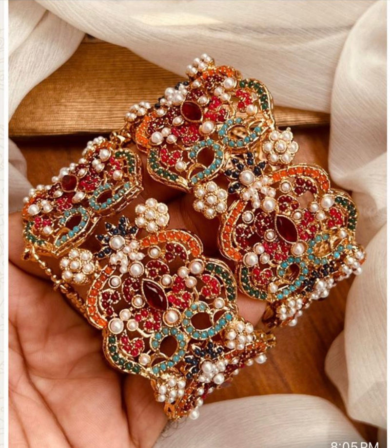 Multicolor nauratan Gold Openable Bangle Set – Pearl Stone Pakistani Indian Bridal Bangles