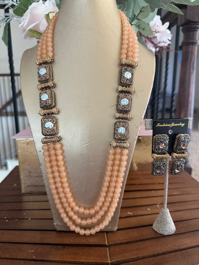 Handcrafted Long Mala Necklace & Earrings Set – Tarkish Style Pakistani Indian Beaded Jewelry | Available in Multiple Colors