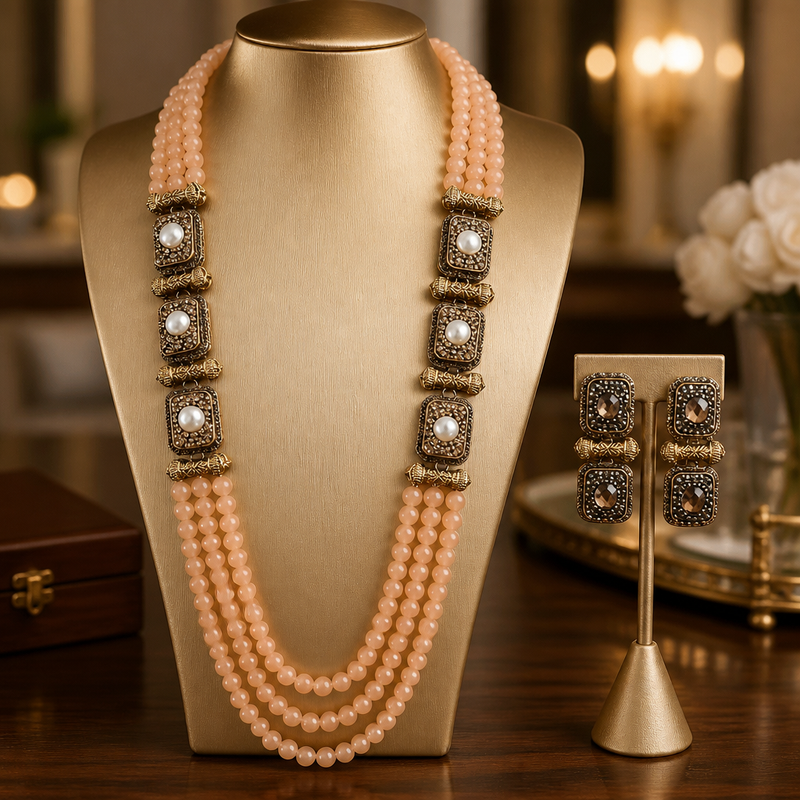 Handcrafted Long Mala Necklace & Earrings Set – Tarkish Style Pakistani Indian Beaded Jewelry | Available in Multiple Colors
