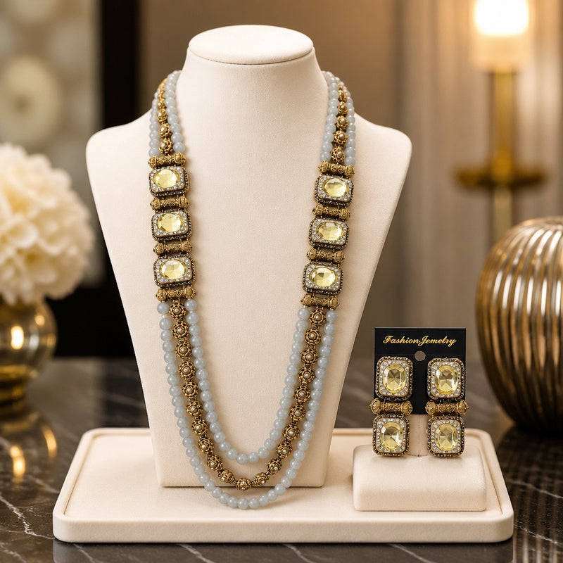 Handcrafted Long Mala Necklace & Earrings Set – Tarkish Style Pakistani Indian Beaded Jewelry | Available in Multiple Colors