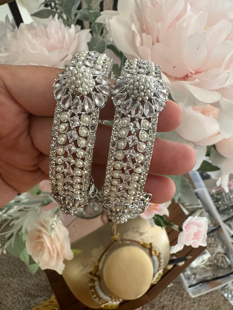 Openable Silver-Tone Zircon & Pearl Statement Bangles – Set of 2