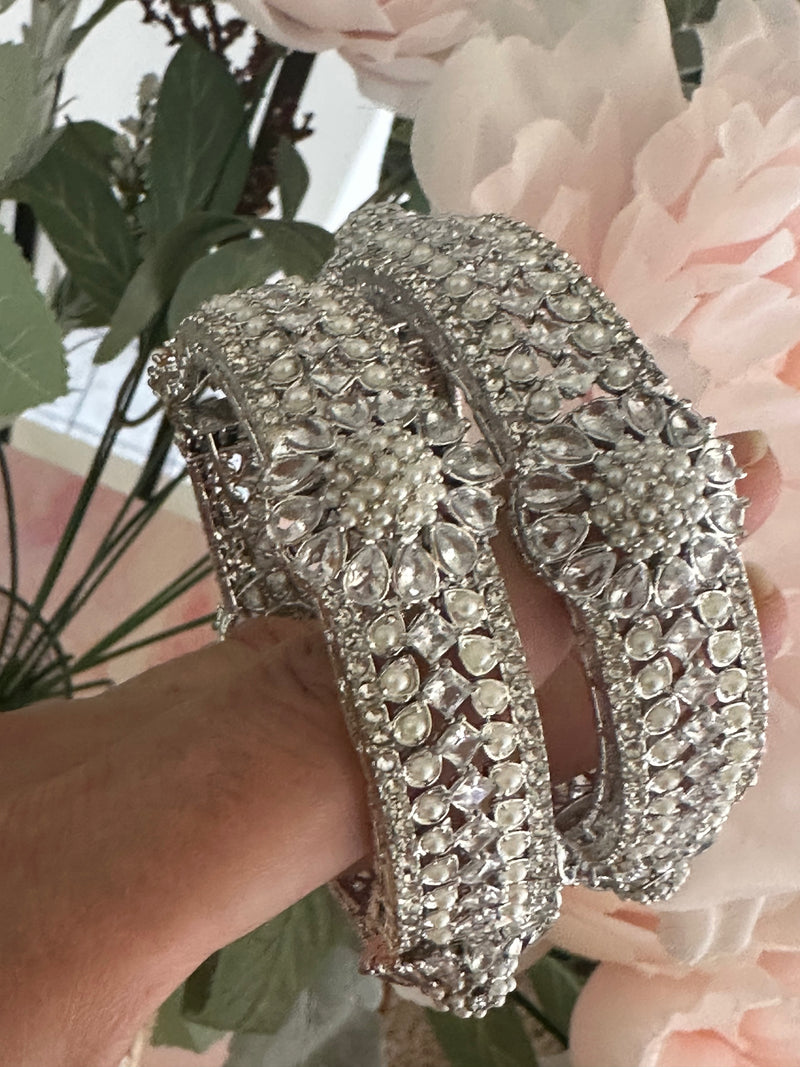 Openable Silver-Tone Zircon & Pearl Statement Bangles – Set of 2