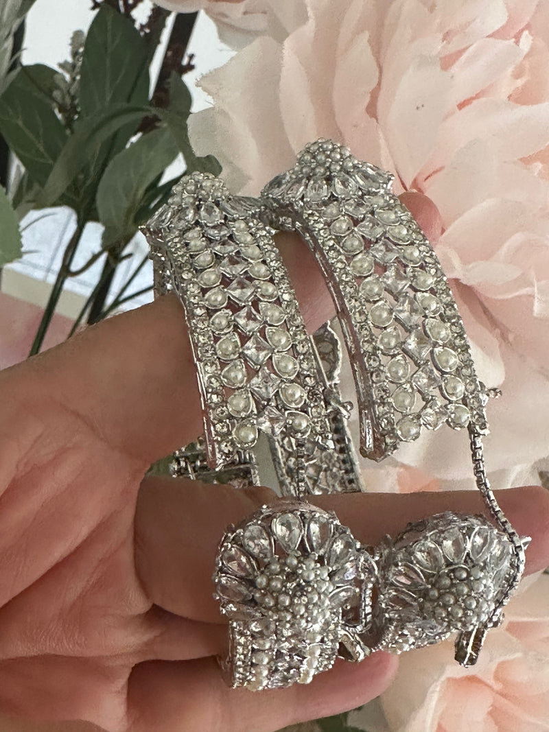 Openable Silver-Tone Zircon & Pearl Statement Bangles – Set of 2
