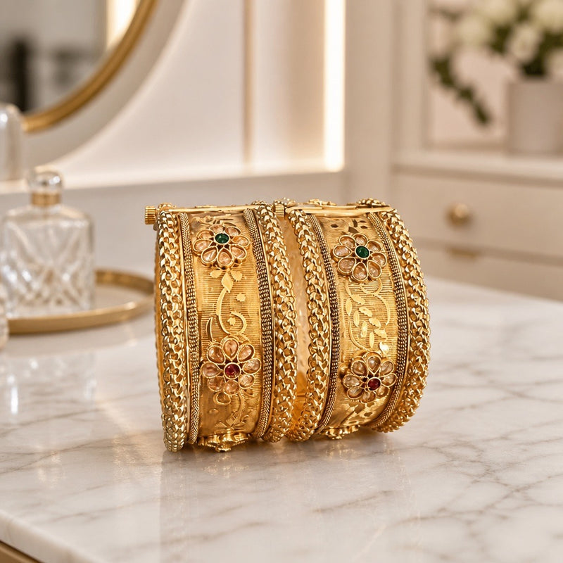 Rajwari Gold-Tone Floral Bangle Set – Traditional Indian Jewelry
