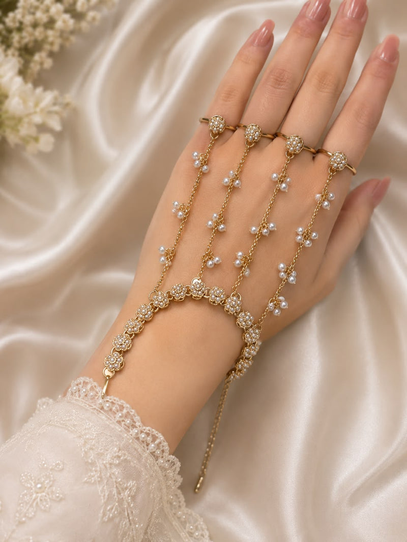 Adjustable 4-Ring Hand Bracelet with Pearls & Floral Stones