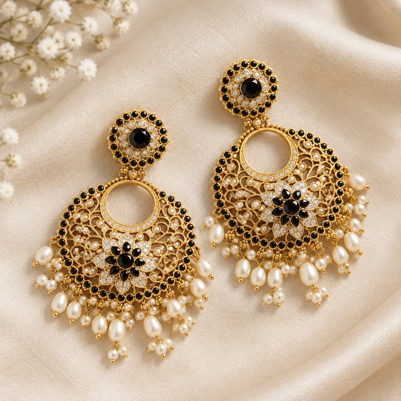 Black Floral Chandbali Earrings with Pearl-Look Fringe