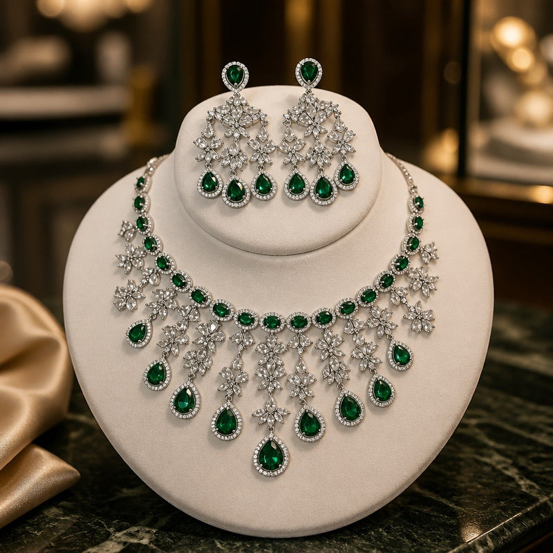 Silver American Diamond Necklace & Earring Set – Green or Pink Stones