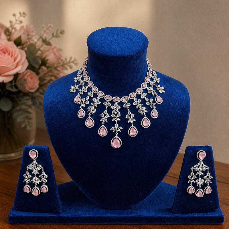 Silver American Diamond Necklace & Earring Set – Green or Pink Stones