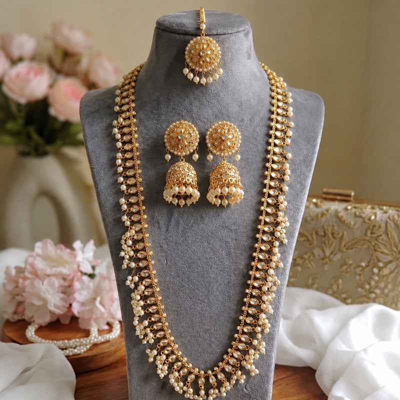 Pakistani Long Mala Jhumka Jewelry Set with Tikka – Kundan Pearl Bridal Necklace Set