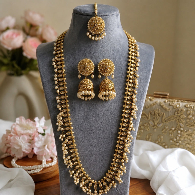 Pakistani Long Mala Jhumka Jewelry Set with Tikka – Kundan Pearl Bridal Necklace Set