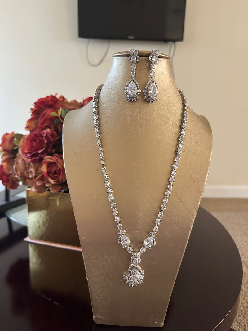 Long American Diamond Necklace & Earrings Set – Silver AD Pendant Jewelry