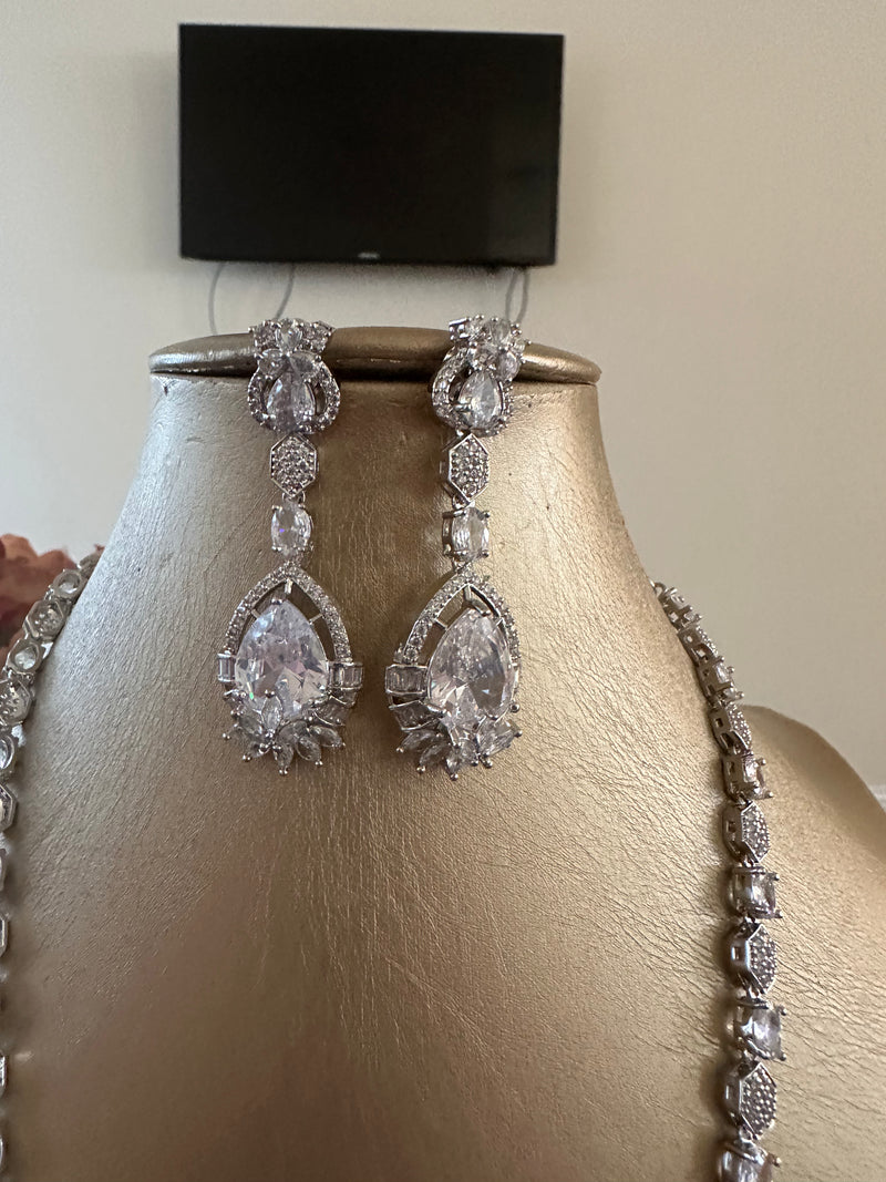 Long American Diamond Necklace & Earrings Set – Silver AD Pendant Jewelry
