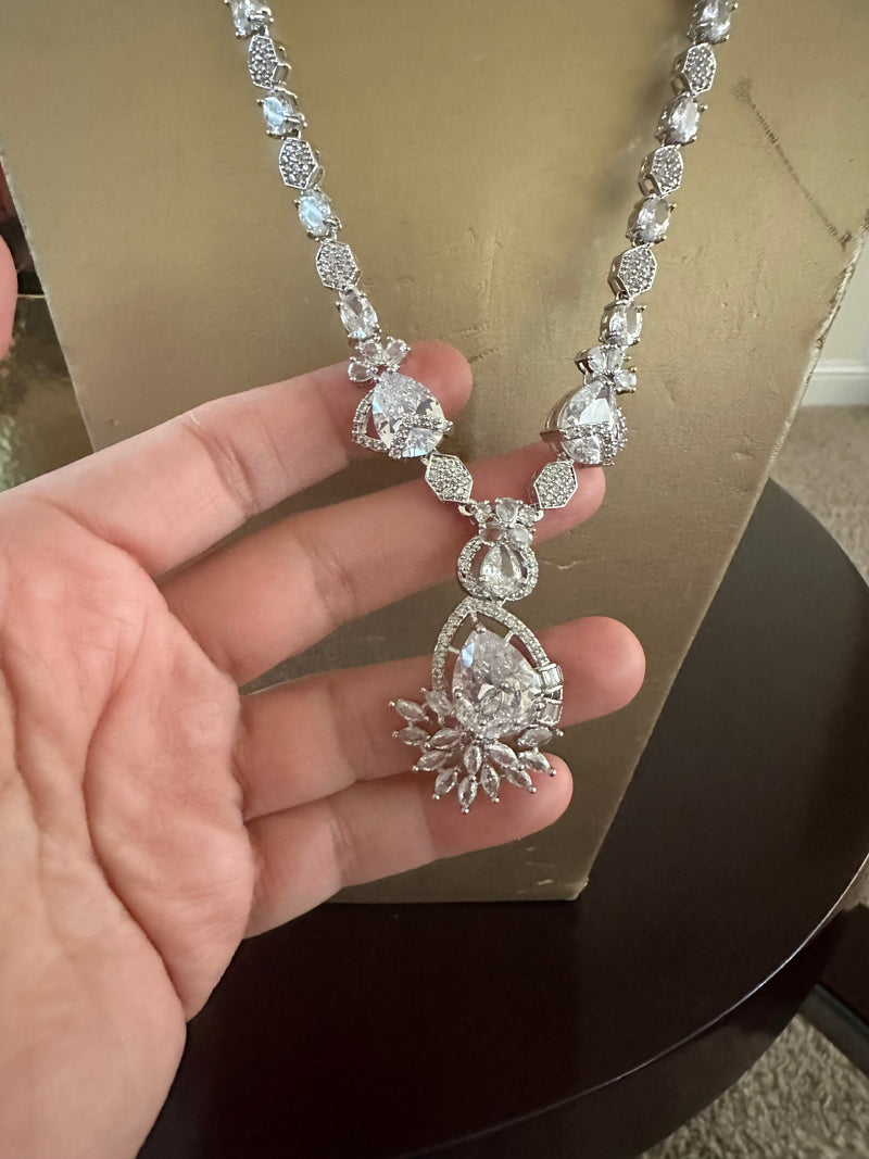 Long American Diamond Necklace & Earrings Set – Silver AD Pendant Jewelry