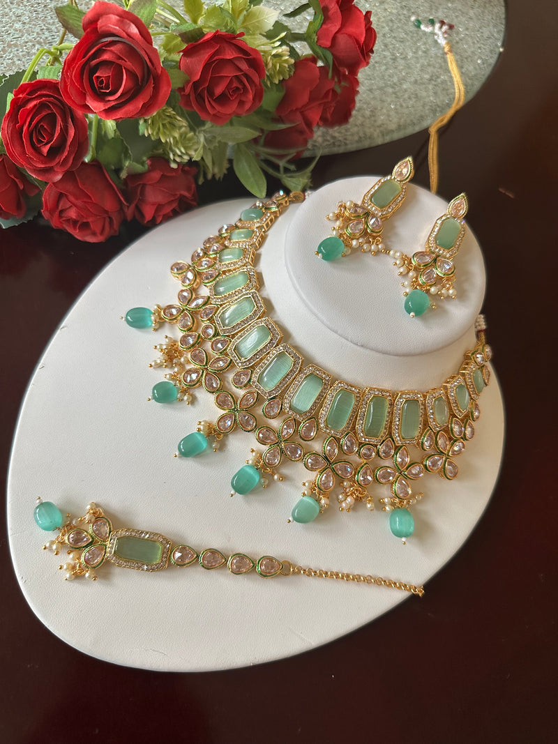 Mint Green Kundan Bridal Necklace Set with Earrings & Tikka