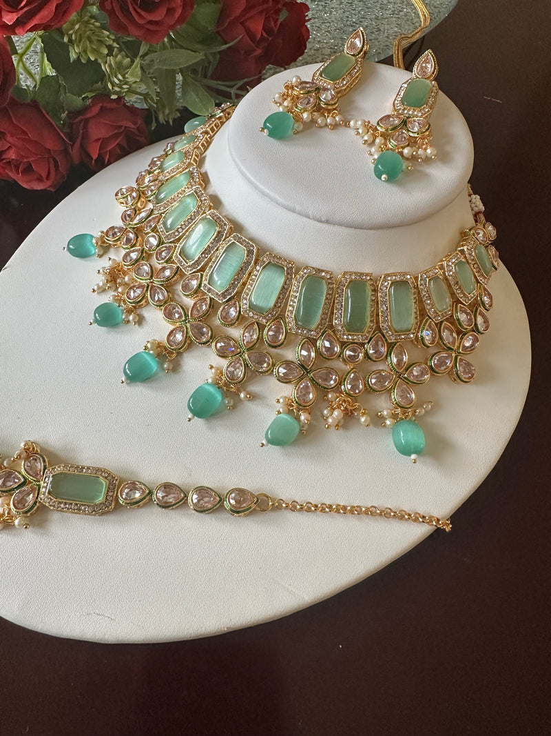 Mint Green Kundan Bridal Necklace Set with Earrings & Tikka