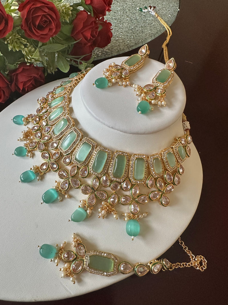 Mint Green Kundan Bridal Necklace Set with Earrings & Tikka