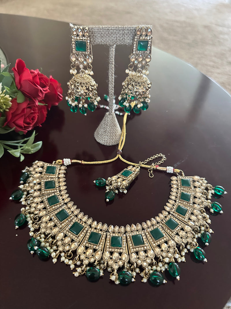 Emerald Green Kundan Necklace Set with Jhumka Earrings & Tikka