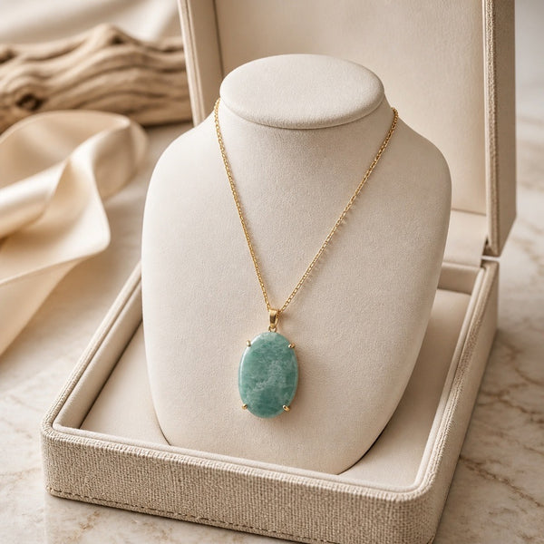 Amazonite oval natural stone pendant necklace on a delicate gold tone chain