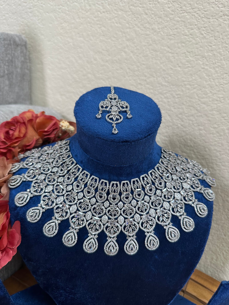 American diamond bridal necklace set with tikka close view