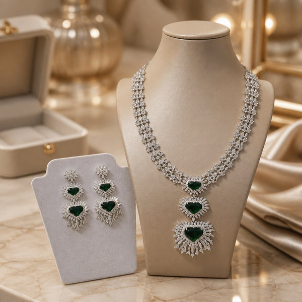 American diamond necklace and earrings set with emerald green stones style 1
