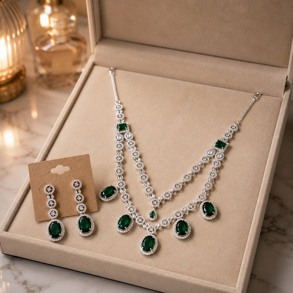 American diamond necklace and earrings set with emerald green stones style 2