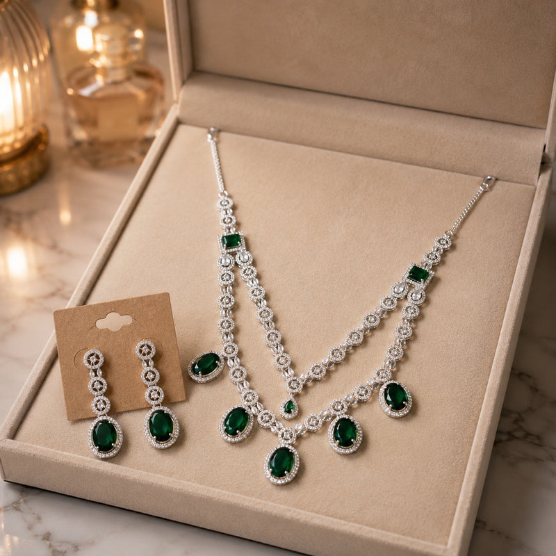 American diamond necklace and earrings set with emerald green stones style 2