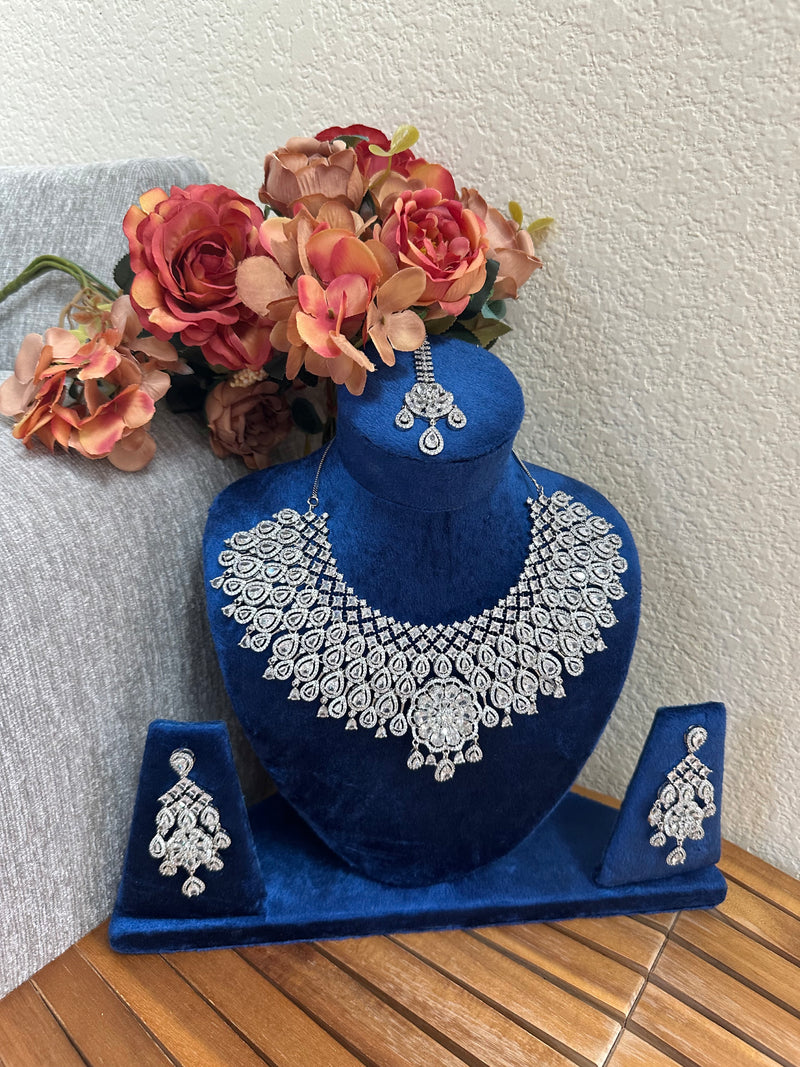 American diamond floral bridal necklace set with earrings and tikka