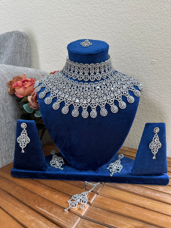 Heavy American diamond bridal choker necklace set with earrings and tikka