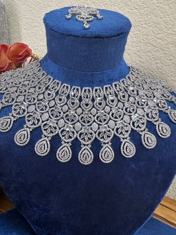 Detailed view of American diamond bridal necklace with pear drop design