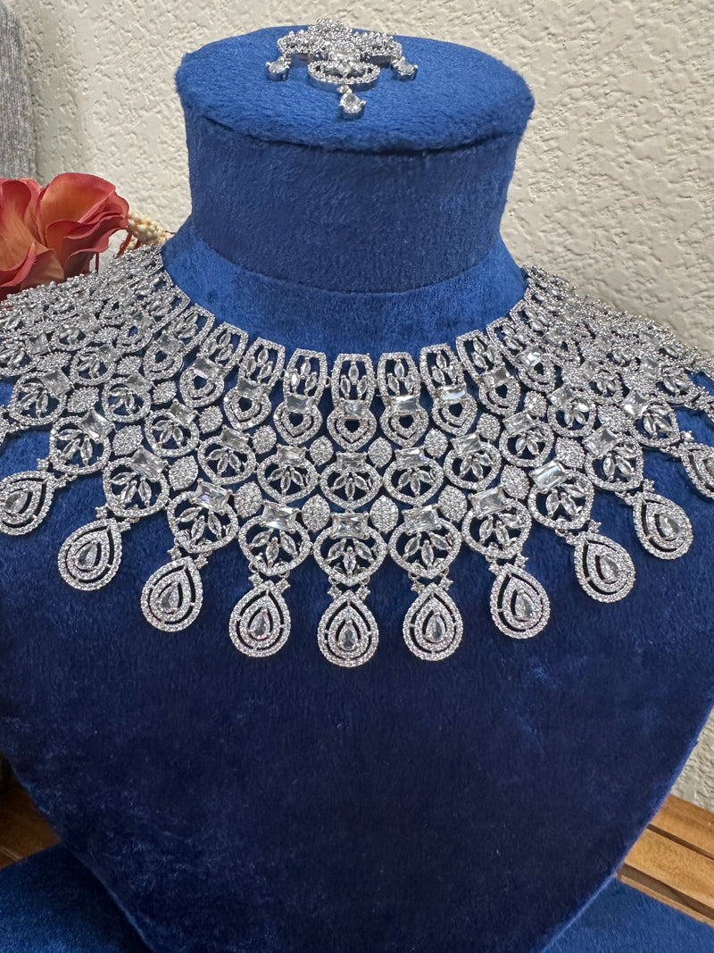 Detailed view of American diamond bridal necklace with pear drop design