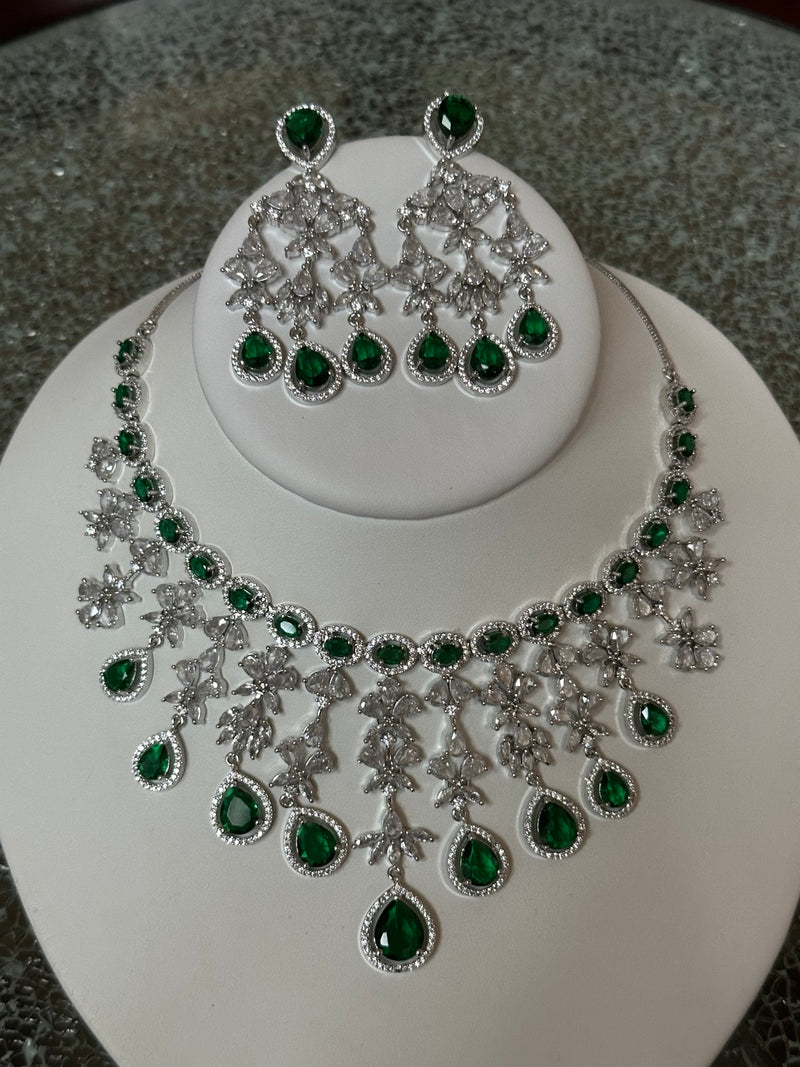Emerald green American diamond necklace and earring set in silver finish